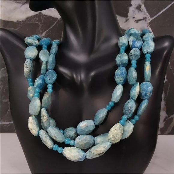 Handmade Blue Gemstone Multi Strand Geometric Shapes Necklace. 20” - Picture 1 of 9